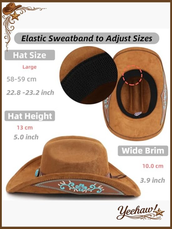 Shapeable Wide Brim Cowboy Hat with Embroidery, Adjustable Fit main image 7